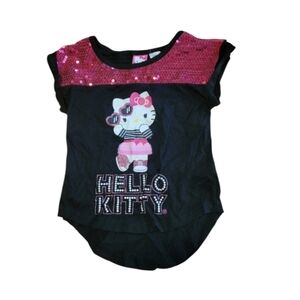 Hello Kitty Saurio Sequined Sparkle Glitter Black And Hot Pink Tee Size XS Girls